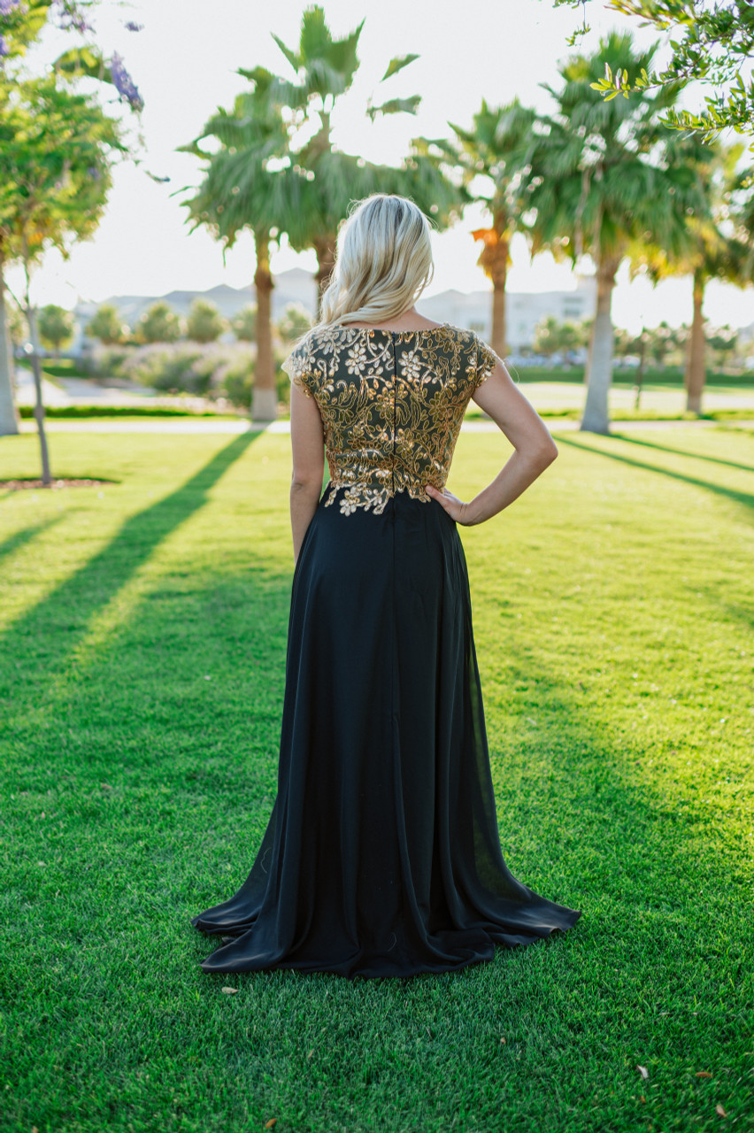 Jovani Dress 36716 | Black Sheer Bodice Ball Gown with Gold Flowers